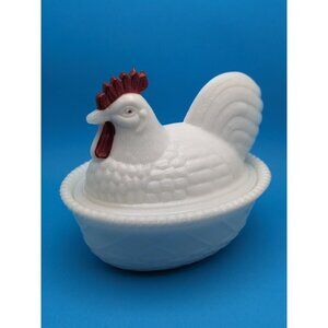 VTG Westmoreland Milk Glass Hen Rooster on Nest w/ Red Comb Covered Dish ~ Mint